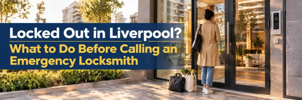 Locked out in Liverpool while standing outside a modern apartment entrance before calling an emergency locksmith