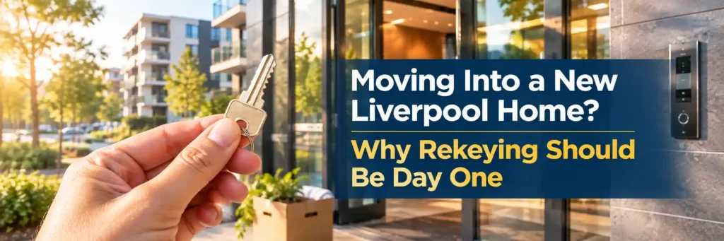 New Liverpool homeowner holding a key outside a modern home before rekeying the locks